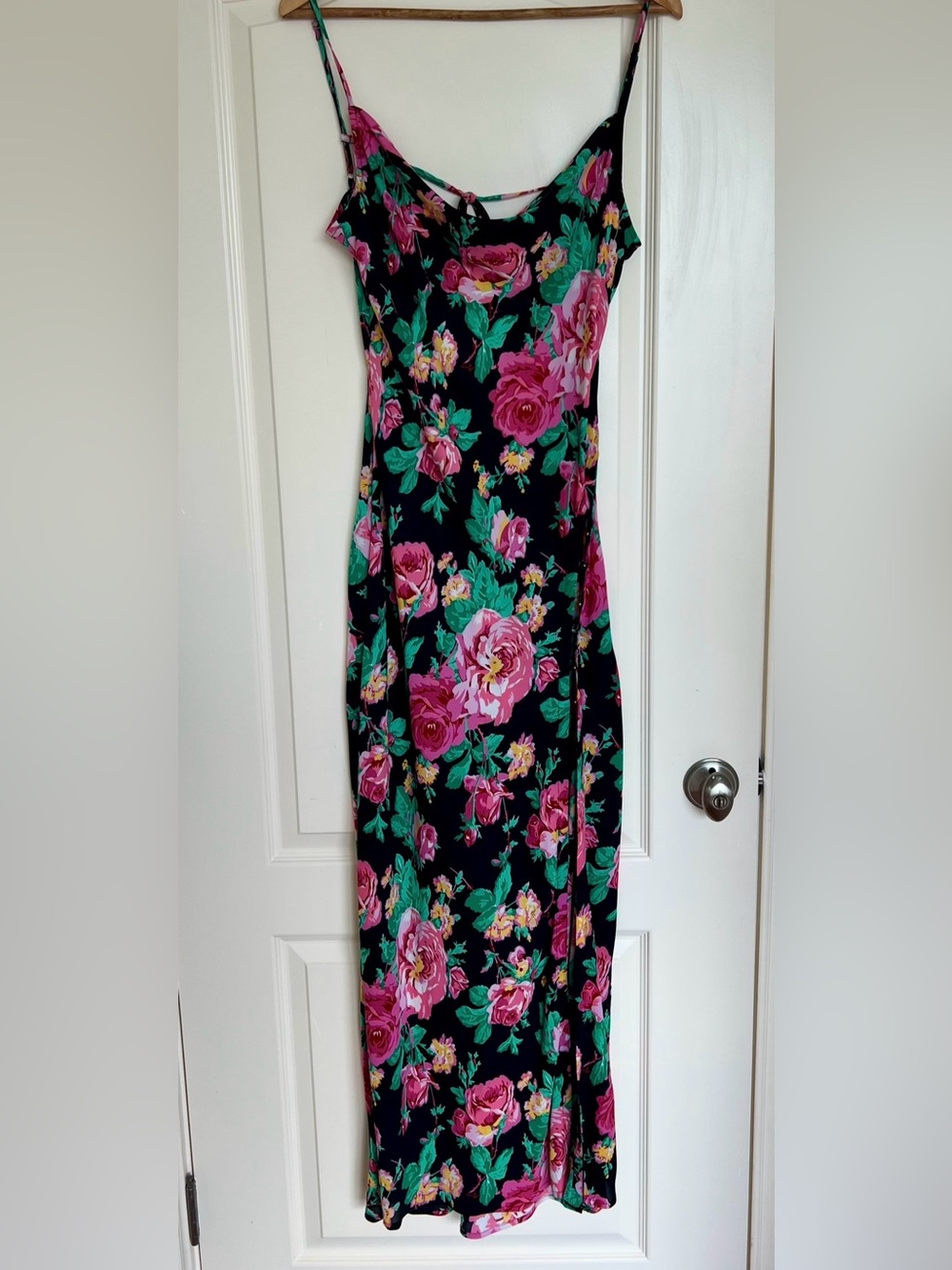 For Love & Lemons Becca Black Floral Maxi Slip Dress with Pink Roses - Picture 3 of 7